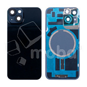 Задняя крышка для iPhone 14 (A2883) в сборе со стеклом камеры Черный (стекло, монолит, MagSafe, логотип) - Премиум